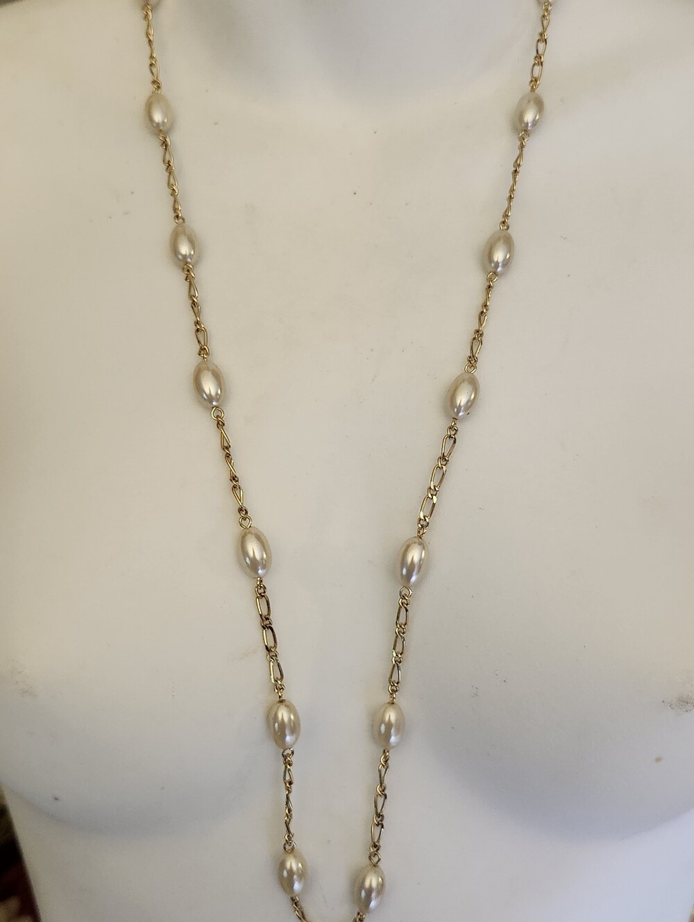 Long Gold Tone Faux Pearl Station Necklace - 30 Inches